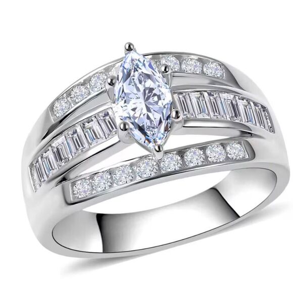 Simulated Diamond Band Ring Sterling Silver Three Row Simulated Diamond Ring 8 - Picture 1 of 7